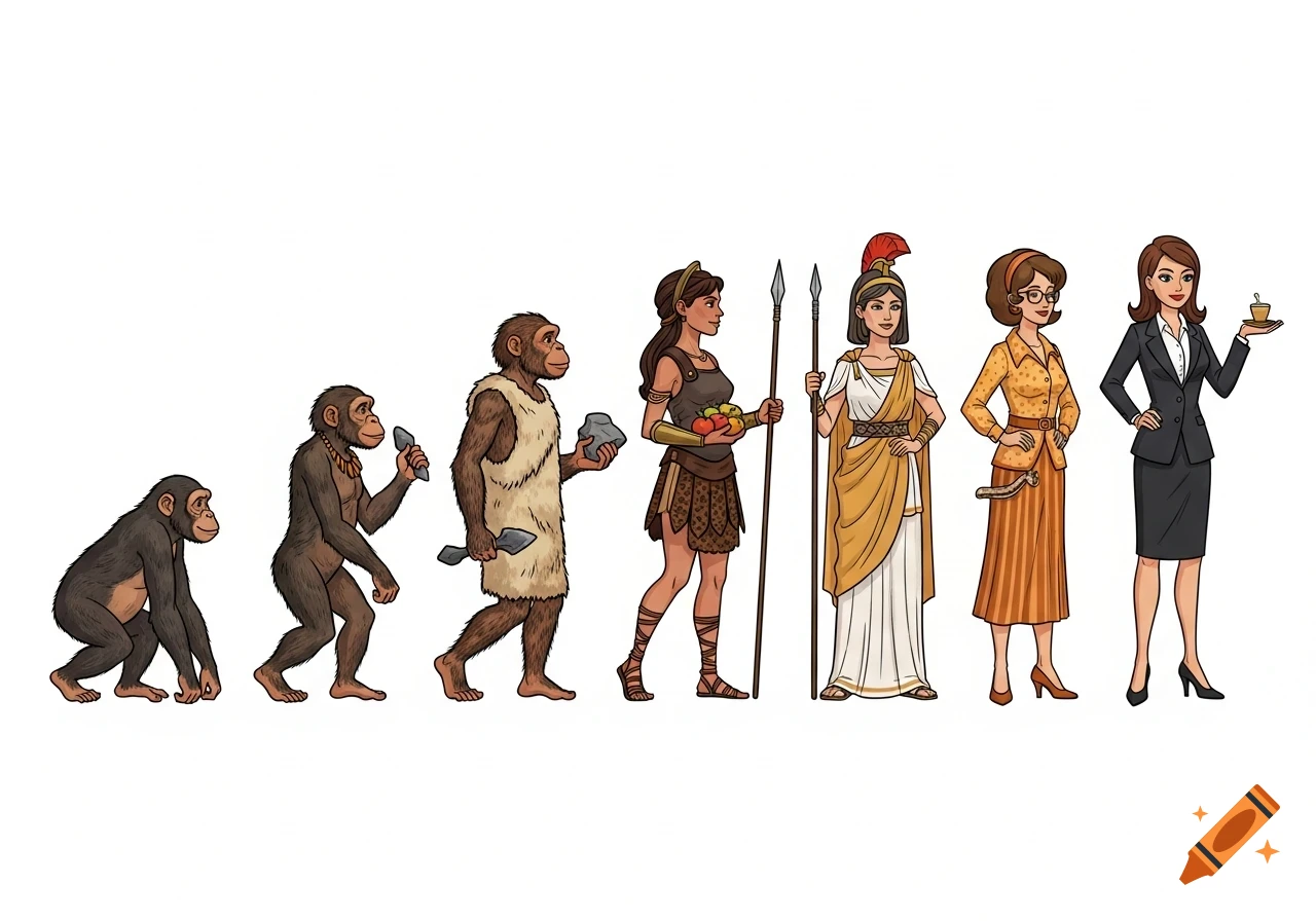 Cartoon showing female evolution from ape to modern businesswoman: ape, hominins, tribal, warrior, Roman, 70s housewife, businesswoman.