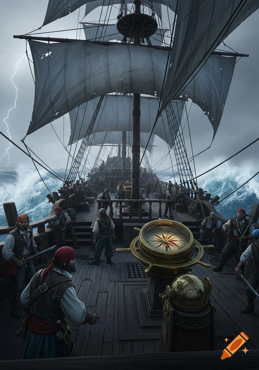 Photorealistic image of pirates on a ship's deck during a stormy sea with lightning. A large brass compass is in the foreground.