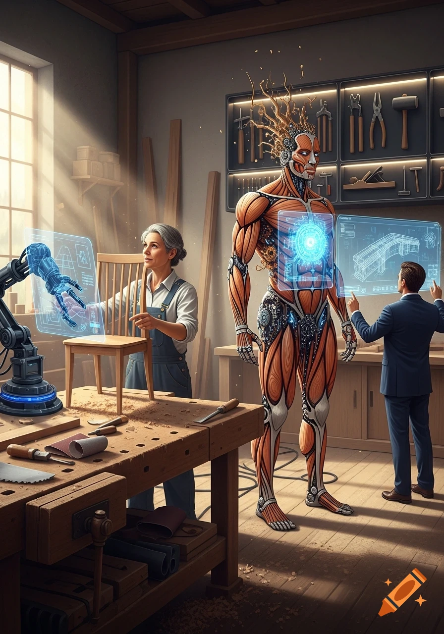 An old woman, a man in a suit, and a muscular biomechanical robot in a carpentry workshop with holographic displays.