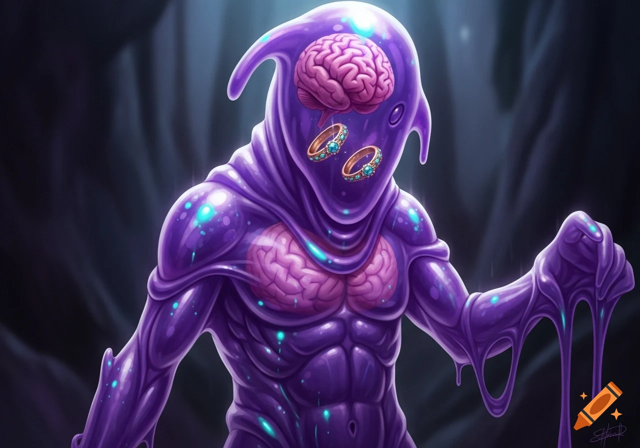 A detailed fantasy artwork of a glowing purple translucent humanoid slime creature with brains exposed in its head and chest, and two jeweled rings floating as eyes.