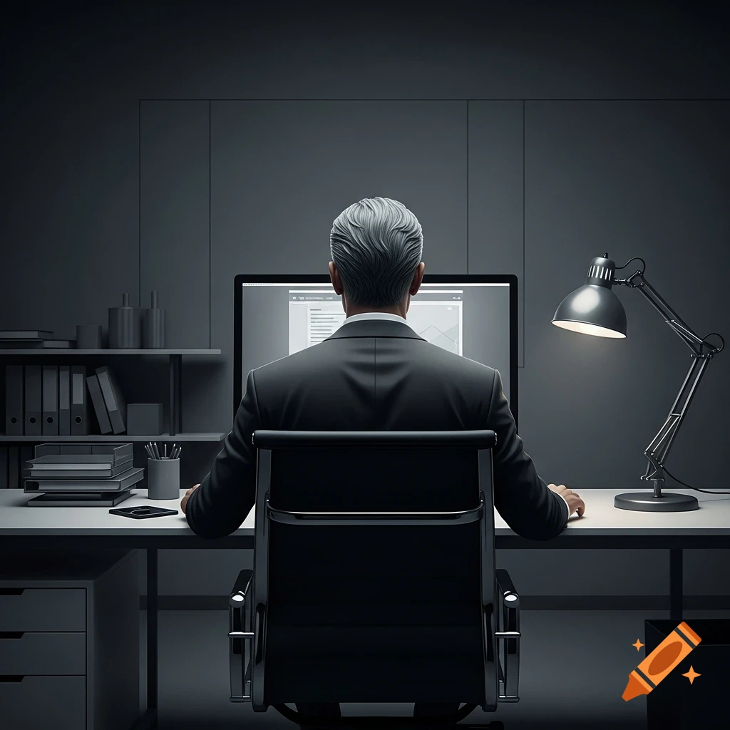 A businessman in a suit sits with his back to the viewer, looking at a computer screen in a dimly lit, monochromatic office.