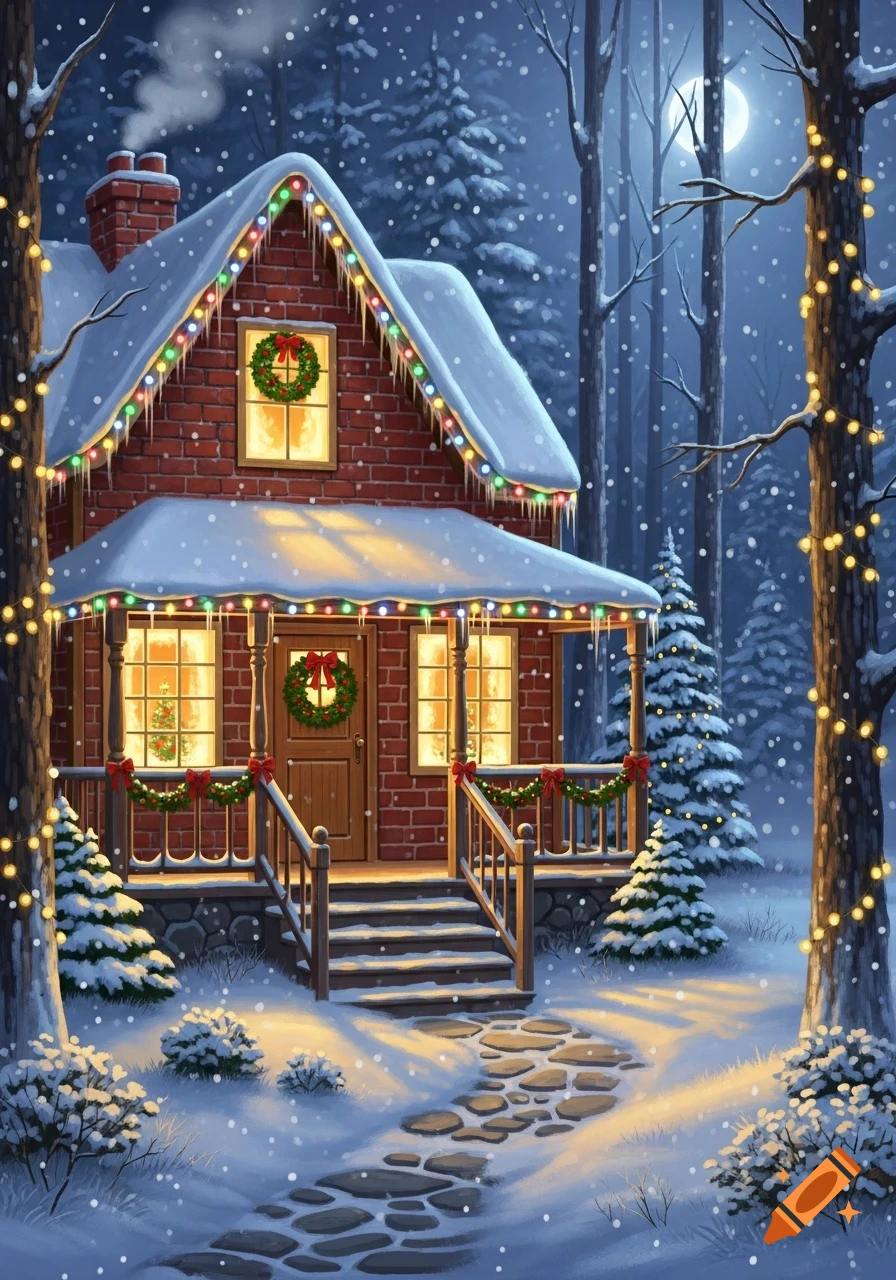 A festive, snow-covered brick house decorated with colorful Christmas lights and wreaths, nestled in a moonlit winter forest.