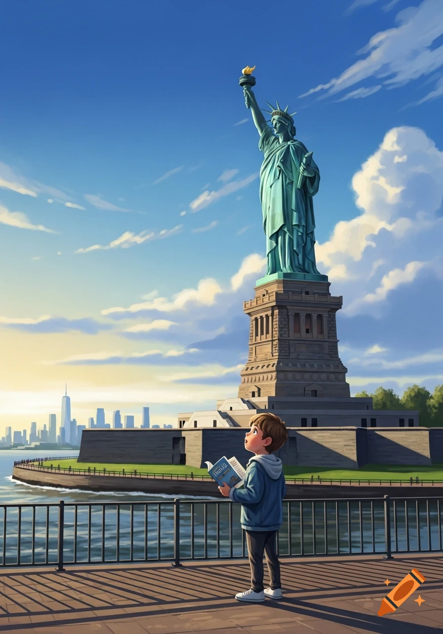 A young boy holding a book stands by a railing, looking up at the Statue of Liberty with the New York City skyline in the background. The image is a bright illustration.