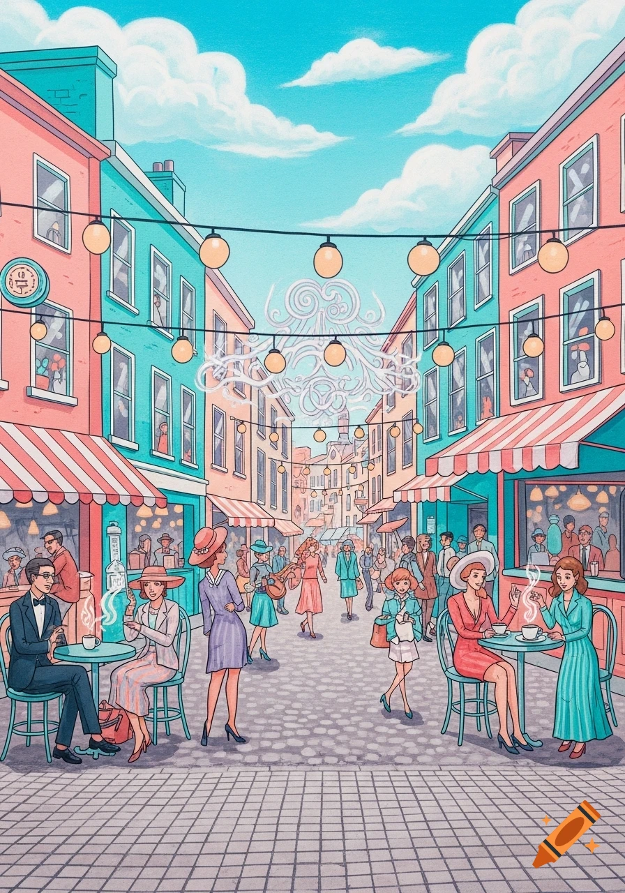 A vibrant, stylized illustration of a bustling street scene with colorful buildings, cafes, and people walking and sitting outdoors.