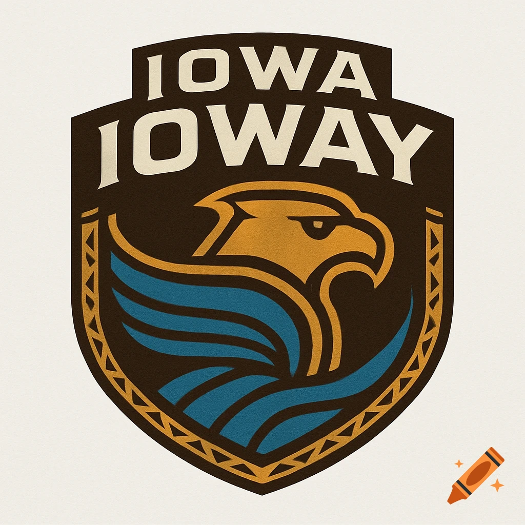 A brown shield logo with "IOWA IOWAY" text and a stylized golden hawk with blue wings.