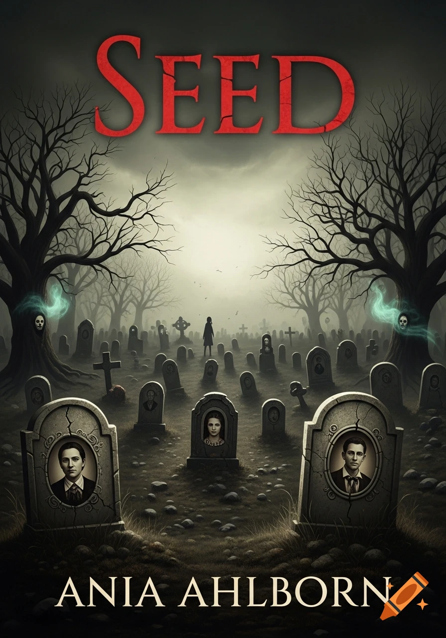A dark, moody book cover featuring a graveyard with tombstones, bare trees, ghostly figures, and a solitary person. Text reads 'SEED' and 'ANIA AHLBORN'.