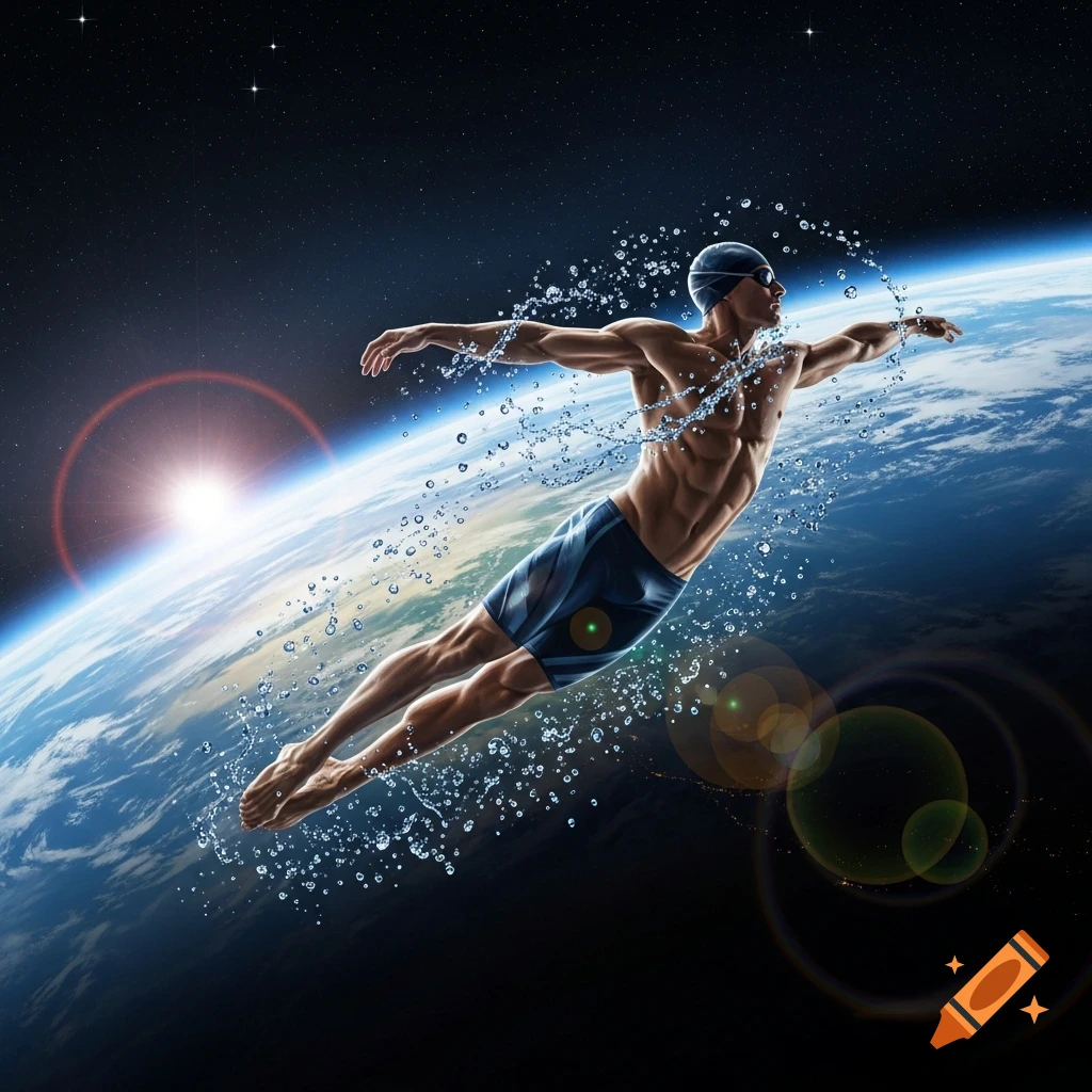 A muscular male swimmer with goggles and cap appears to swim through space with water splashes, above Earth's atmosphere with a bright sun.