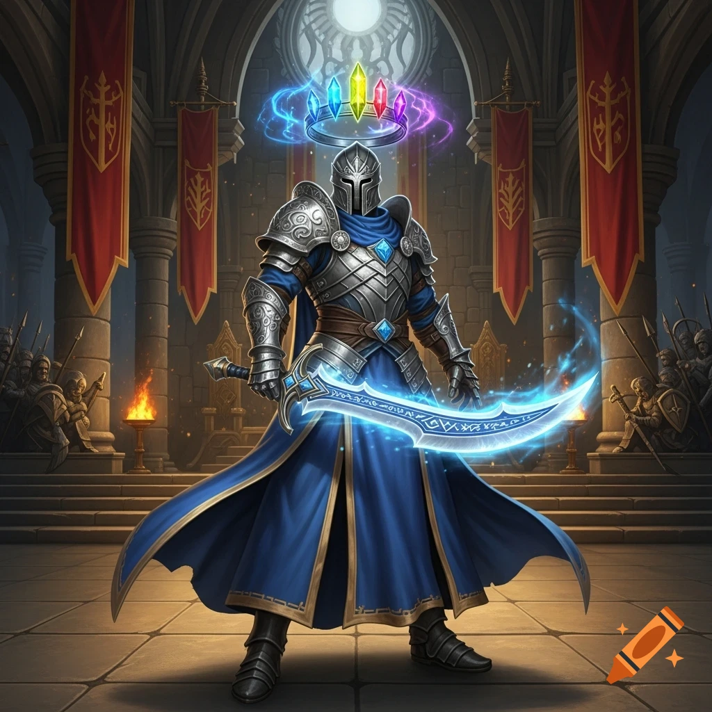 A regal knight in blue and silver armor holds a glowing blue sword, standing in a grand throne room under a floating crown of colorful gems.