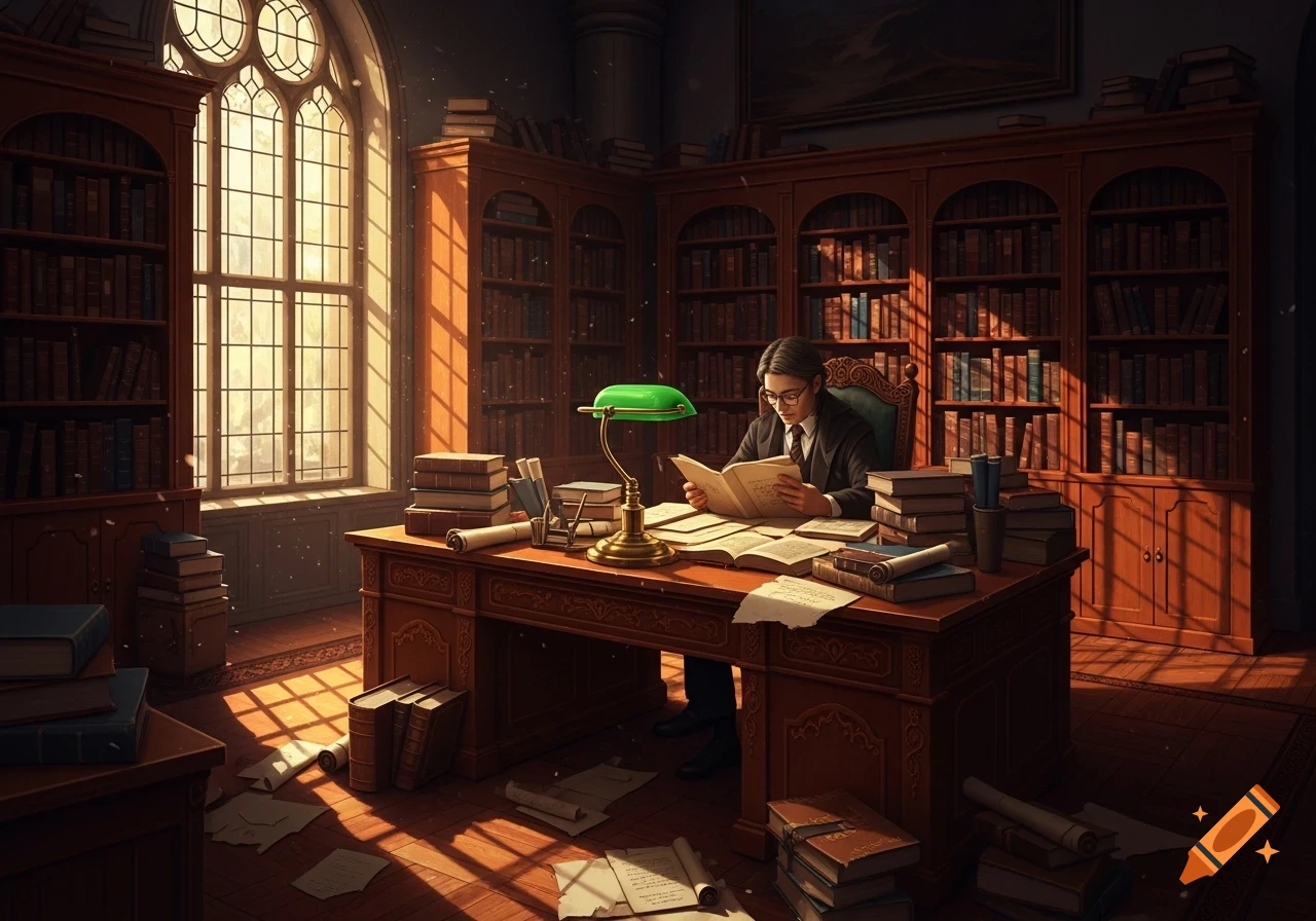 A man in glasses reads a book at a large wooden desk in a grand library, illuminated by sunlight streaming through a Gothic window.