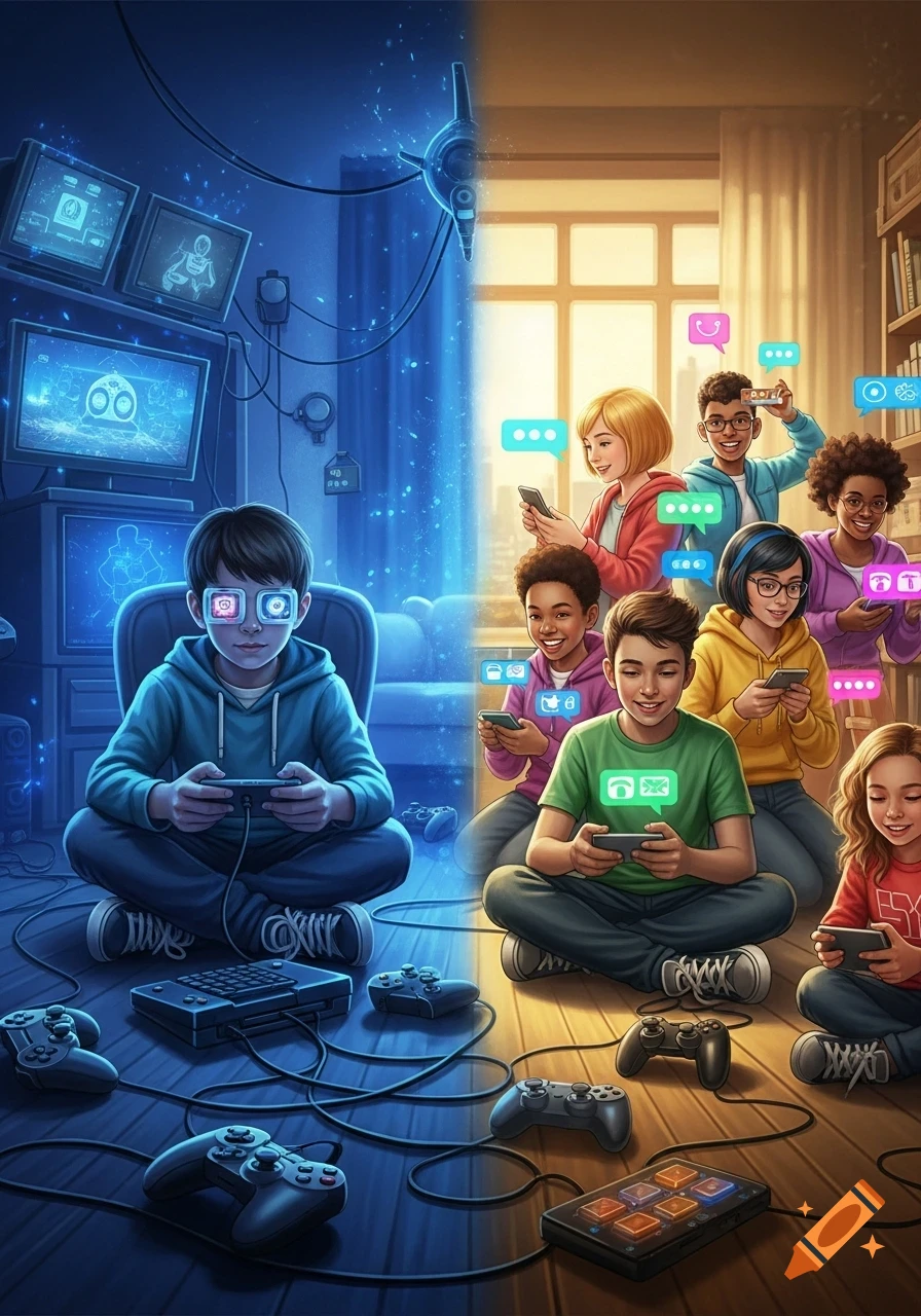 A split image shows a boy alone gaming in a dark, tech-filled room on the left, and a group of diverse children happily using phones in a bright, cozy room on the right, both with digital UI elements.