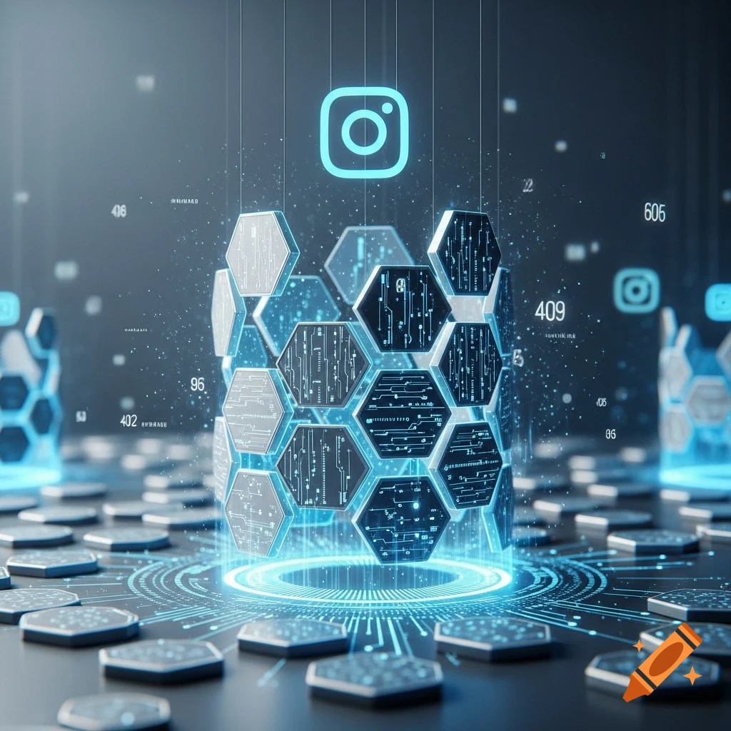 A futuristic digital art image showing an Instagram logo hovering above glowing hexagonal data structures on a dark background.