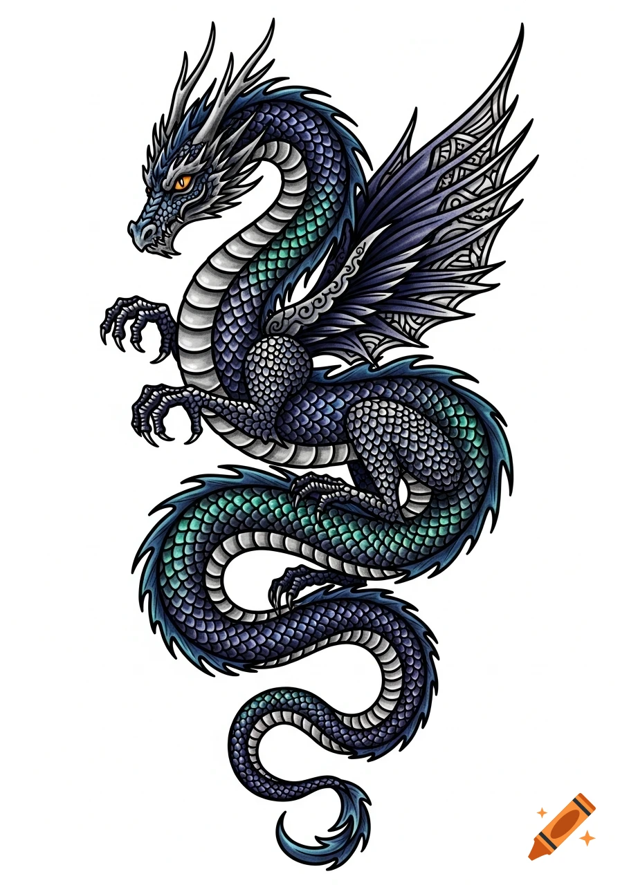 Intricate blue and green dragon tattoo design with detailed scales, claws, and stylized wings.