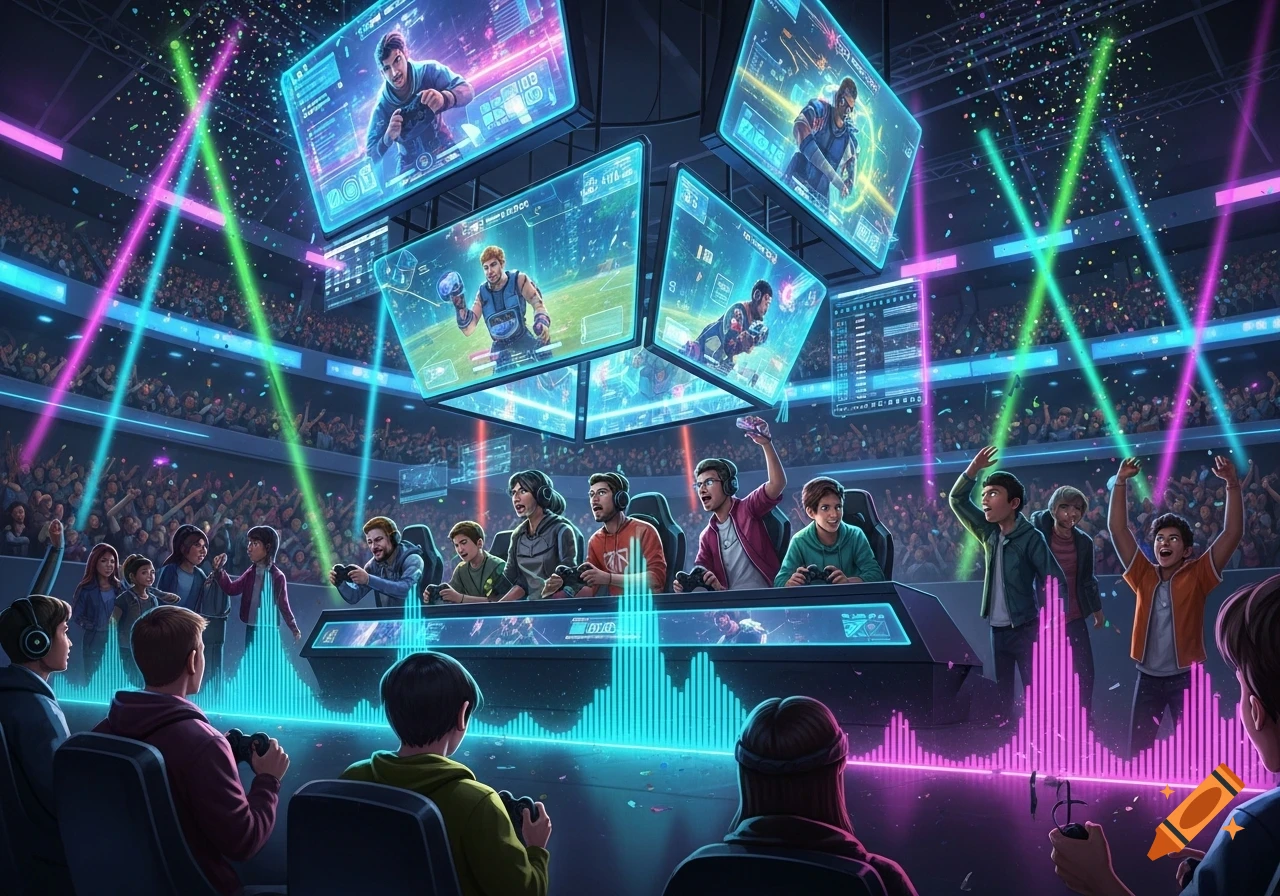 Vibrant esports arena with a cheering crowd watching gamers on a stage with large overhead screens displaying gameplay, illuminated by neon lights.