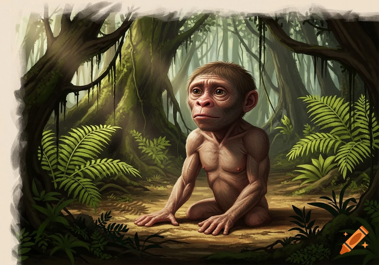 An artistic rendering of a Homo floresiensis, a small hominin, kneeling in a lush green jungle with dense trees and ferns.