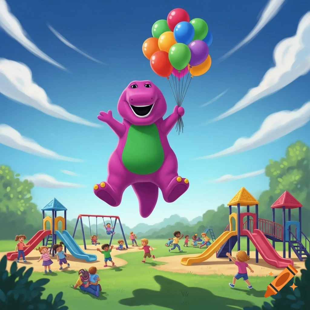 Cartoon Barney the dinosaur floats high above a busy playground, holding a colorful bunch of balloons.