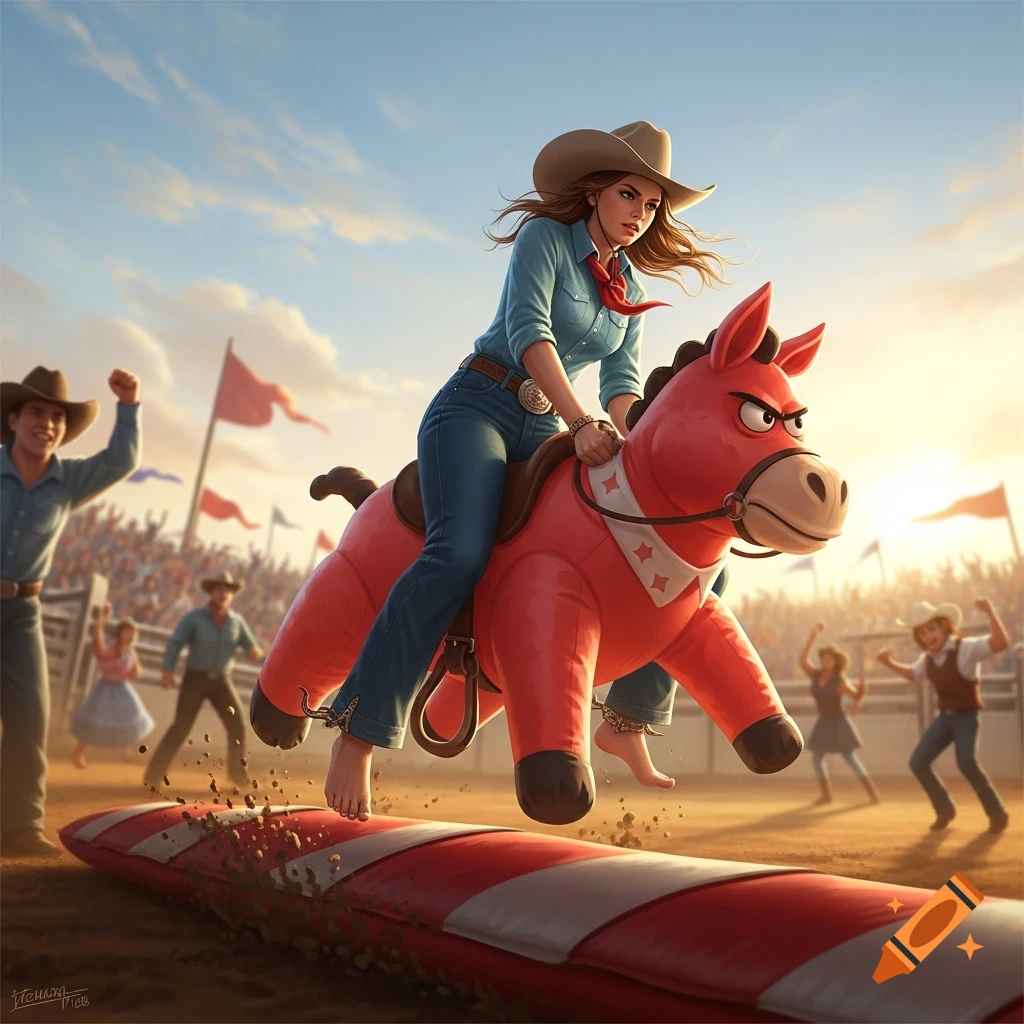 A determined cowgirl on a grumpy red inflatable horse leaps over a barrier at a rodeo, with a crowd watching under a sunset sky.
