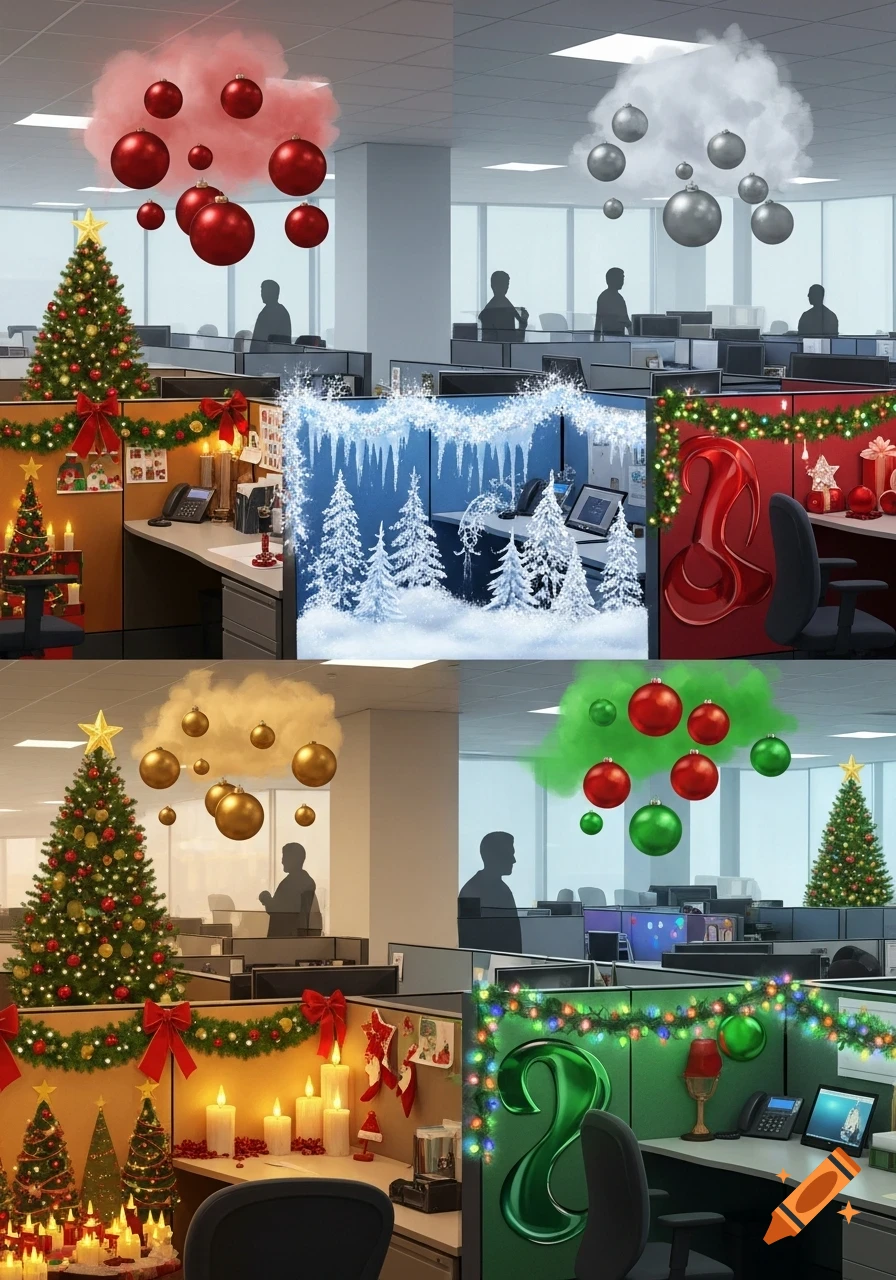 A collage of office cubicles decorated with various Christmas themes, including trees, garlands, ornaments, and winter scenes.