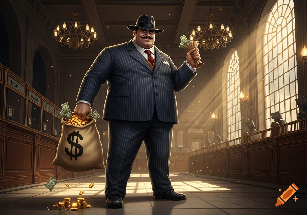 A stylized illustration of a fat bank robber holding a money bag and cash inside a grand bank.