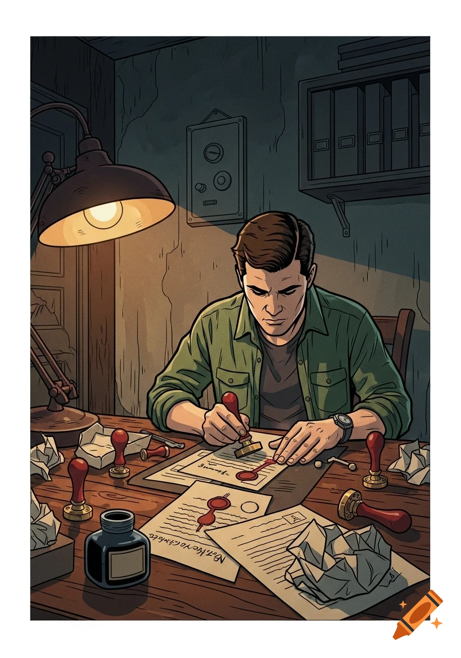 Graphic novel illustration of a man stamping documents at a cluttered desk under a warm lamp.