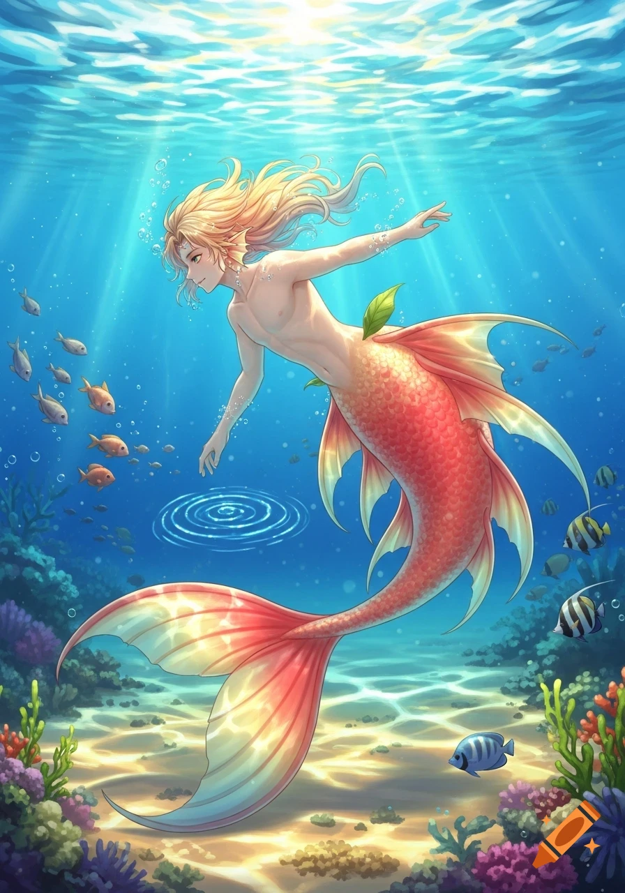 Anime merman with long blonde hair and a red-orange tail swimming underwater among colorful fish and coral, with sunlight dappling from above.