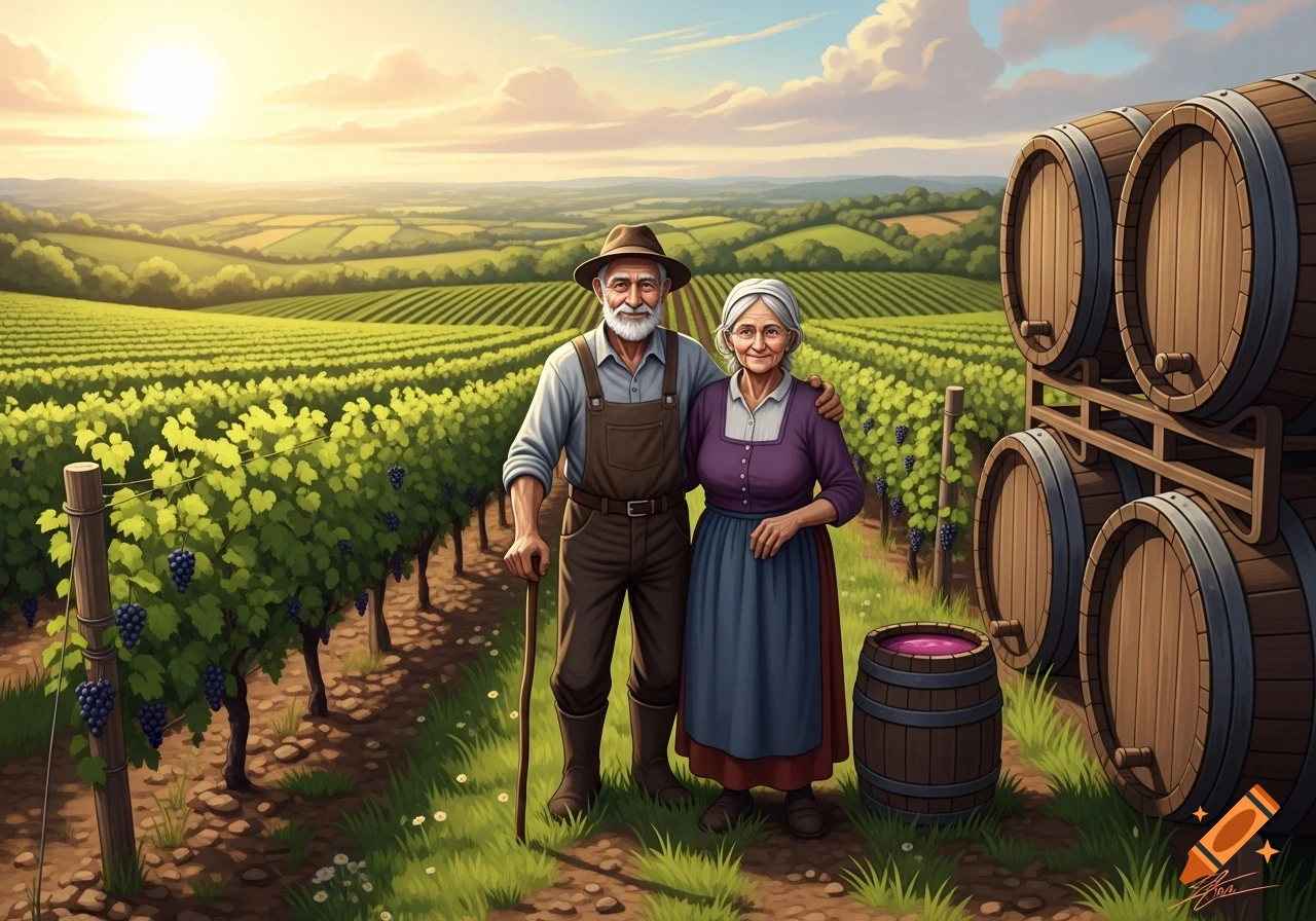 An elderly couple stands in a sunny vineyard with grapevines and wine barrels, under a cloudy sunset sky.