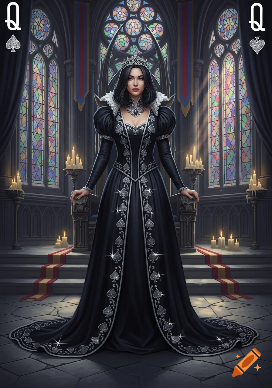 A regal queen in a black gown adorned with sparkling spade symbols and a crown stands in a gothic hall with stained-glass windows, styled as a playing card.
