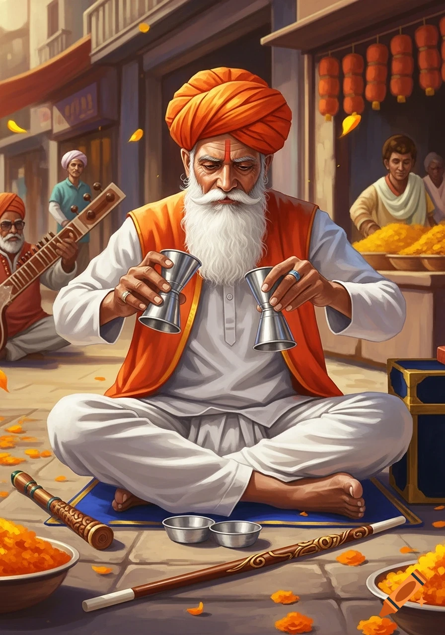 An elderly Indian man with a white beard and orange turban sits cross-legged on a blue mat, holding two silver cups as if performing a magic trick. He wears a white tunic and an orange vest. In the background, other people are visible, including one playing a stringed instrument and another near stalls of yellow flowers or food. Yellow petals are scattered on the ground.