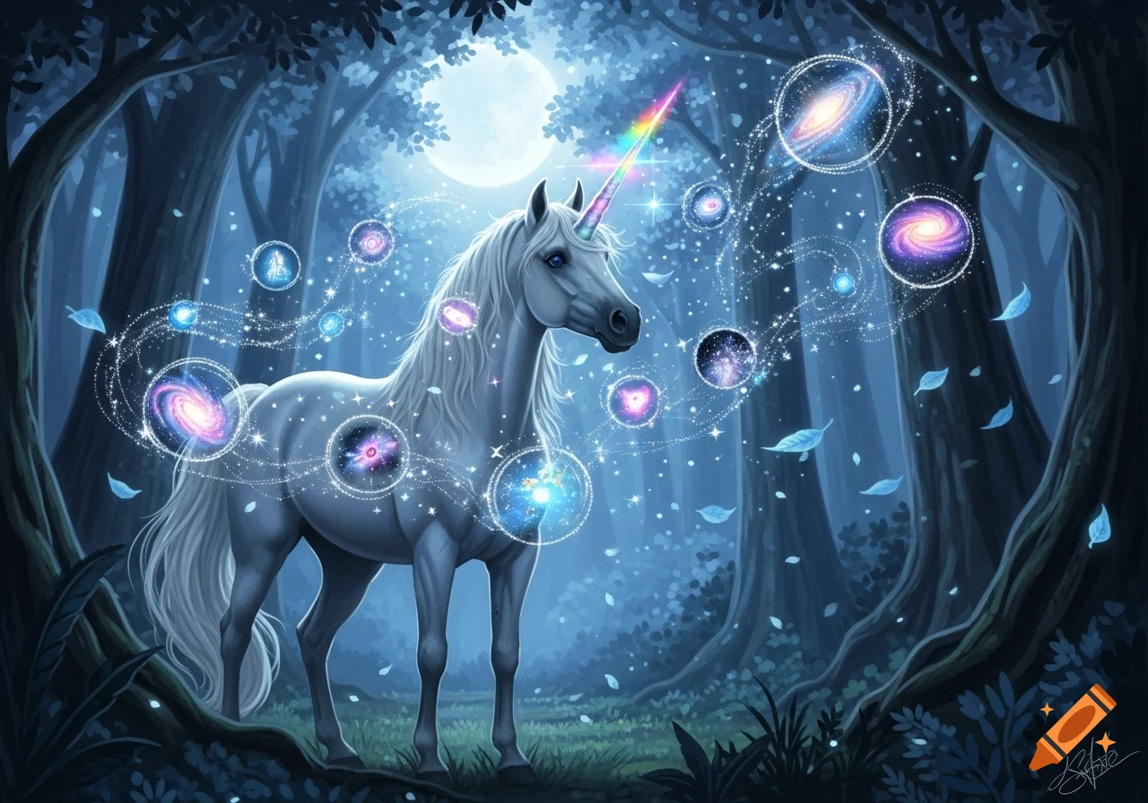 A white unicorn with a rainbow horn stands in a dark magical forest under a full moon, surrounded by glowing cosmic spirals and stars.