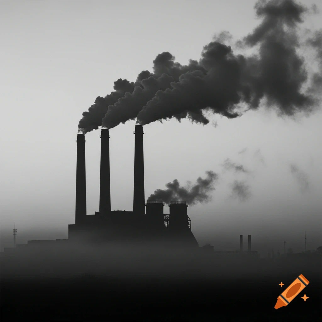 Three tall smokestacks and an industrial facility emit thick smoke against a hazy sky, in a black and white photograph.