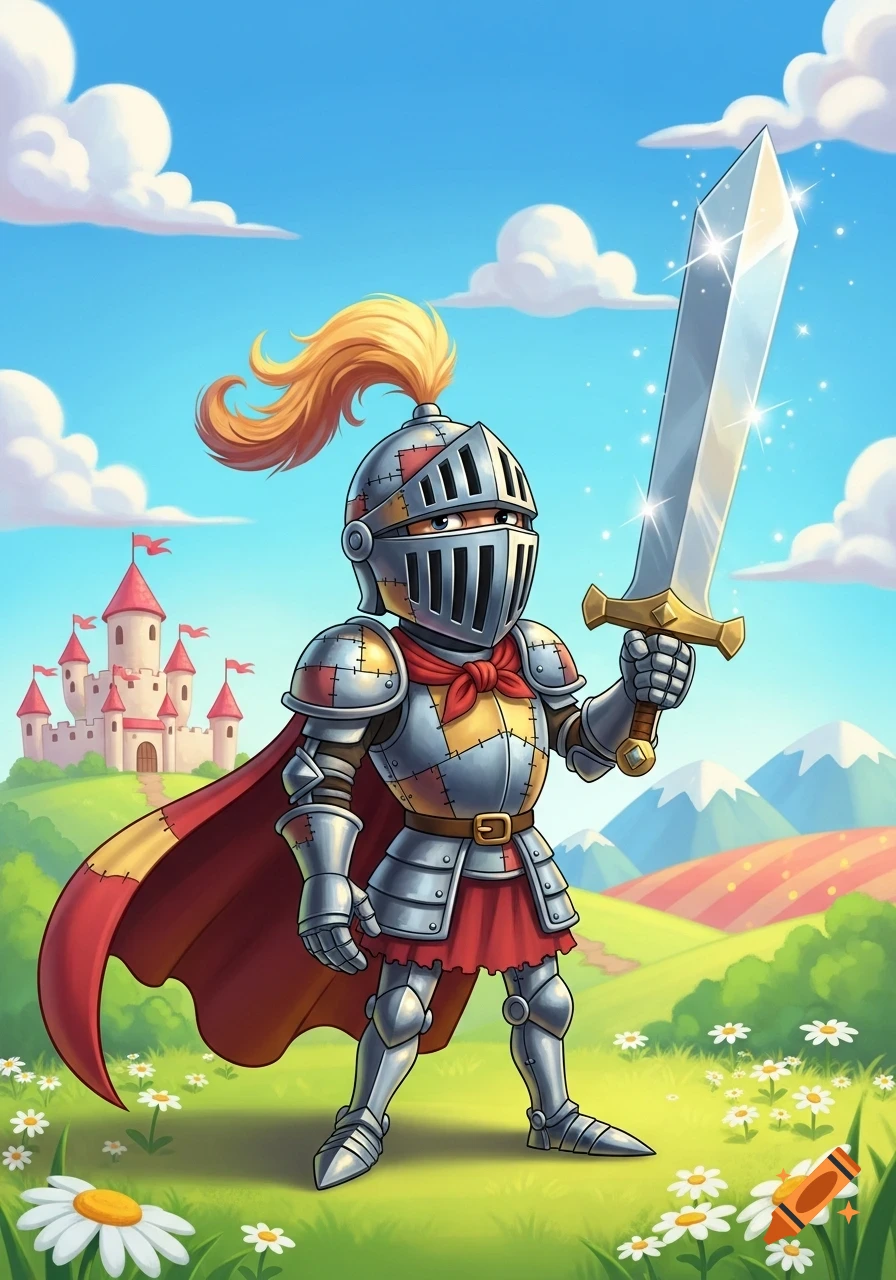 A whimsical cartoon knight in shining armor holds a sparkling sword, standing in a daisy field with a pink castle and mountains.