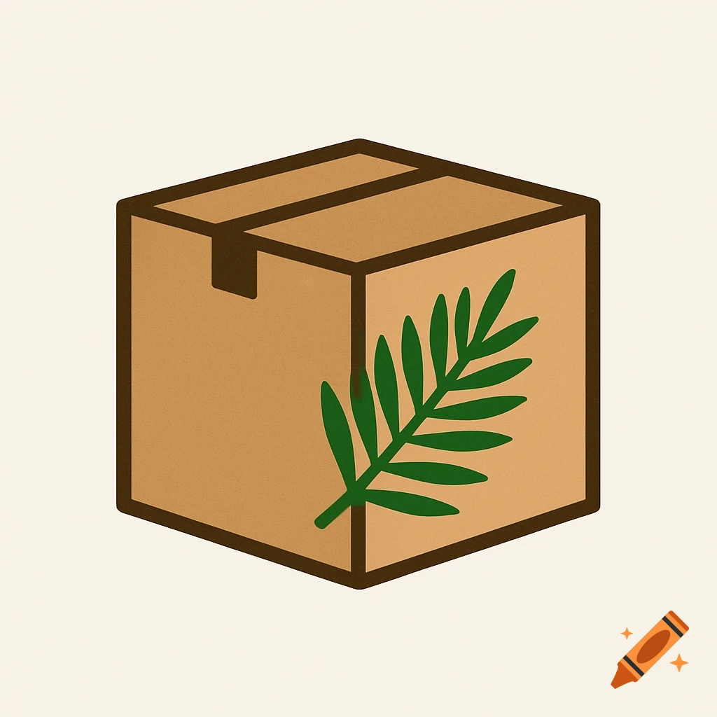 Stylized logo featuring a brown cardboard box with a green palm leaf design on its front.