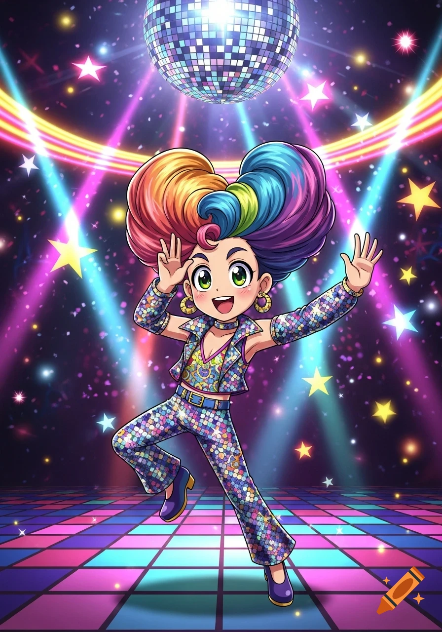 A cheerful cartoon character with voluminous rainbow hair and a sequined disco outfit dances under a disco ball and colorful lights.