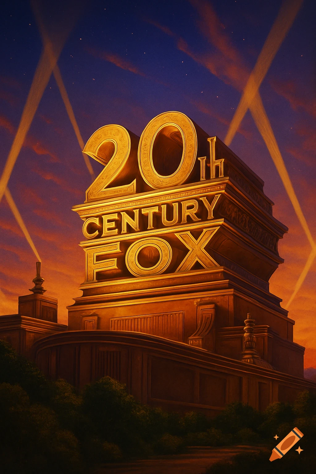 The iconic 20th Century Fox logo, a large golden structure with spotlights, set against a dramatic orange and blue sunset sky.