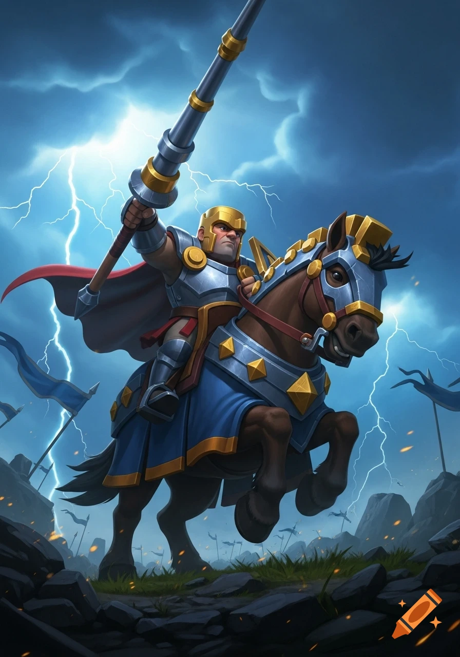 A stylized knight in armor rides a horse with a lance, lightning striking in a stormy sky.