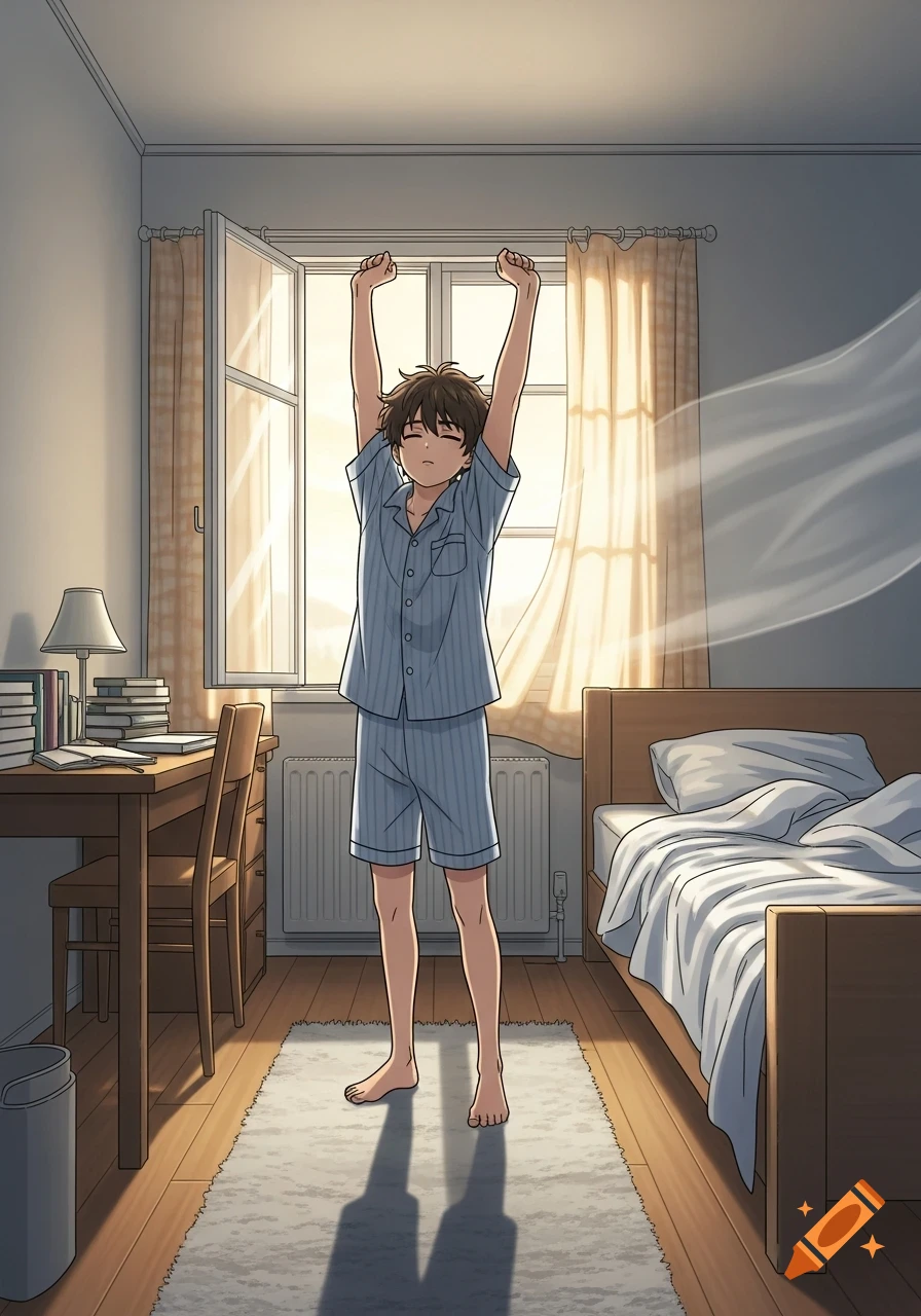 An anime boy in blue pajamas stretches in his sunny bedroom in the morning.