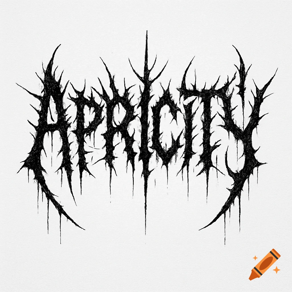 Black and white death metal logo for 'Apricity' with jagged, dripping, thorny strokes in a raw pen-and-ink style.