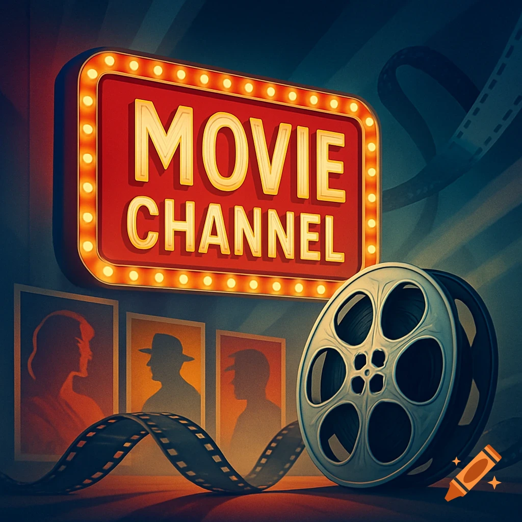 A retro movie channel sign with glowing lights, a large film reel, and three framed silhouette portraits in an illustrative style.