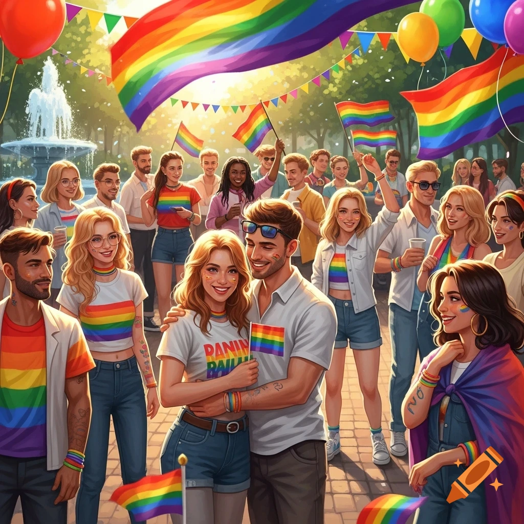 A vibrant cartoon illustration of a diverse crowd celebrating at a Pride parade, with rainbow flags, balloons, and a fountain.