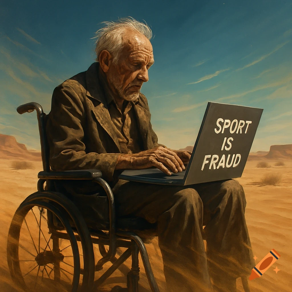 An elderly man in a wheelchair types 'SPORT IS FRAUD' on a laptop in a barren desert, depicted in a photorealistic painting style.