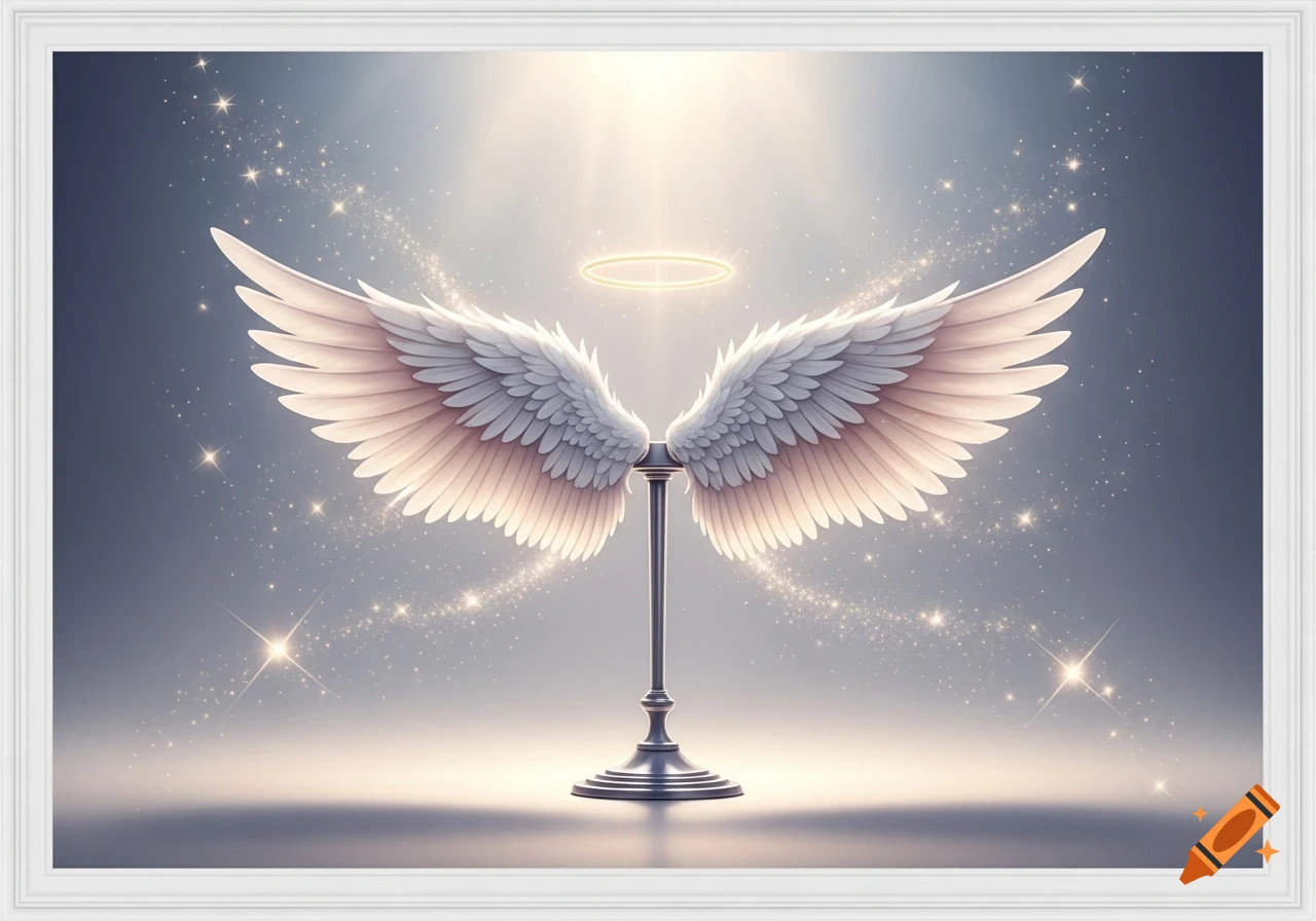 White feathered angel wings on a pedestal with a glowing halo, surrounded by sparkles and bright light.