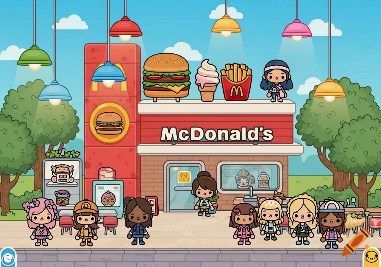 Cartoon Toca Boca characters stand in front of a McDonald's with giant burger, fries, and ice cream on the roof.