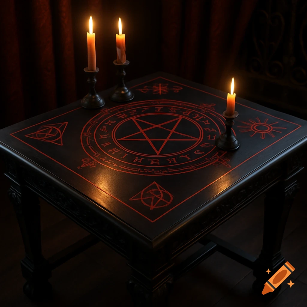 A dark, ornate gothic table with red symbolic designs, including a central pentagram, illuminated by three flickering candles in holders.