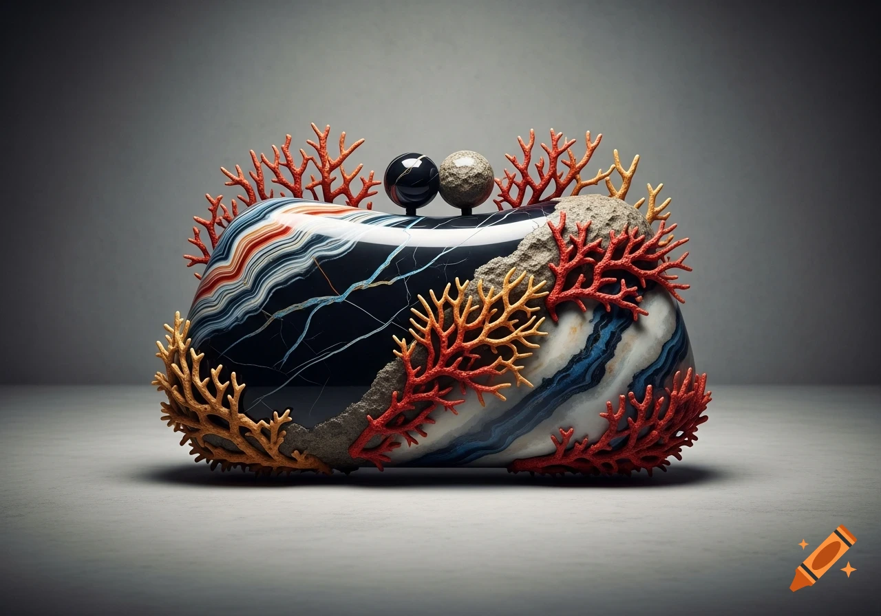 An artistic clutch made of dark marbled stone with colorful waves and adorned with red and gold coral branches, on a gray background.