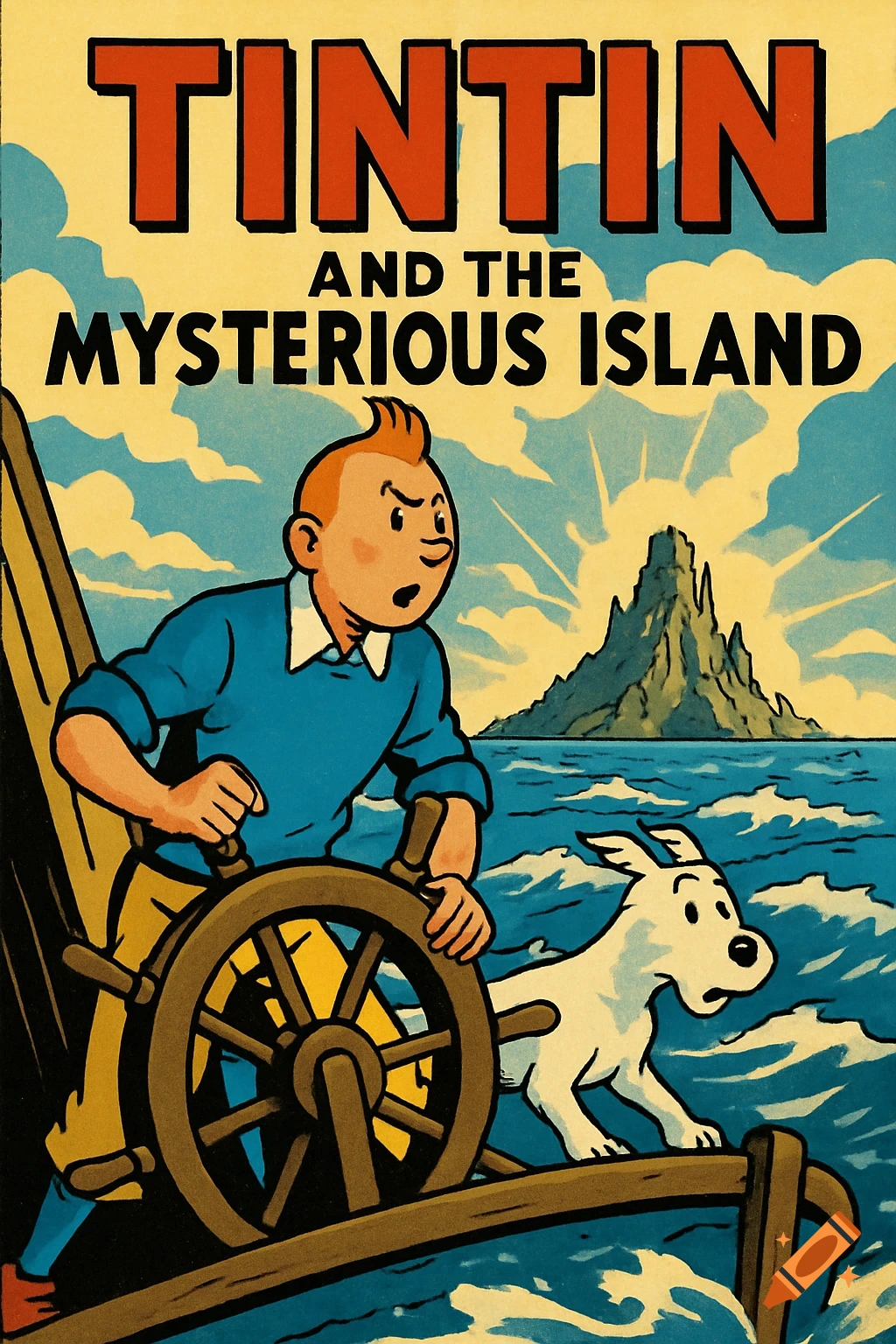 A vintage Tintin comic book cover illustration of Tintin and Snowy on a boat, looking at a mysterious island.