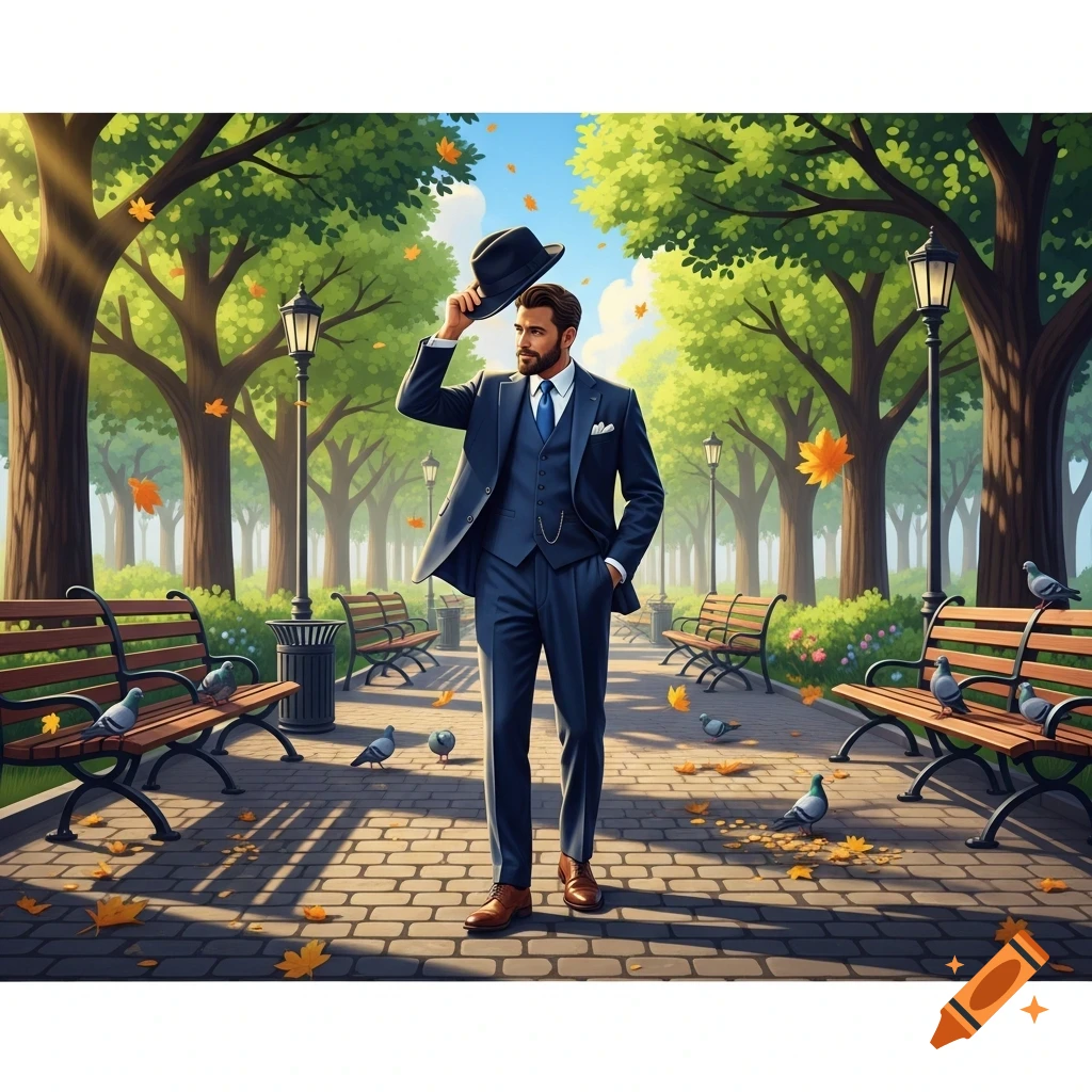 Illustrated man in a blue suit tipping his hat in an autumn park with falling leaves, benches, and pigeons.