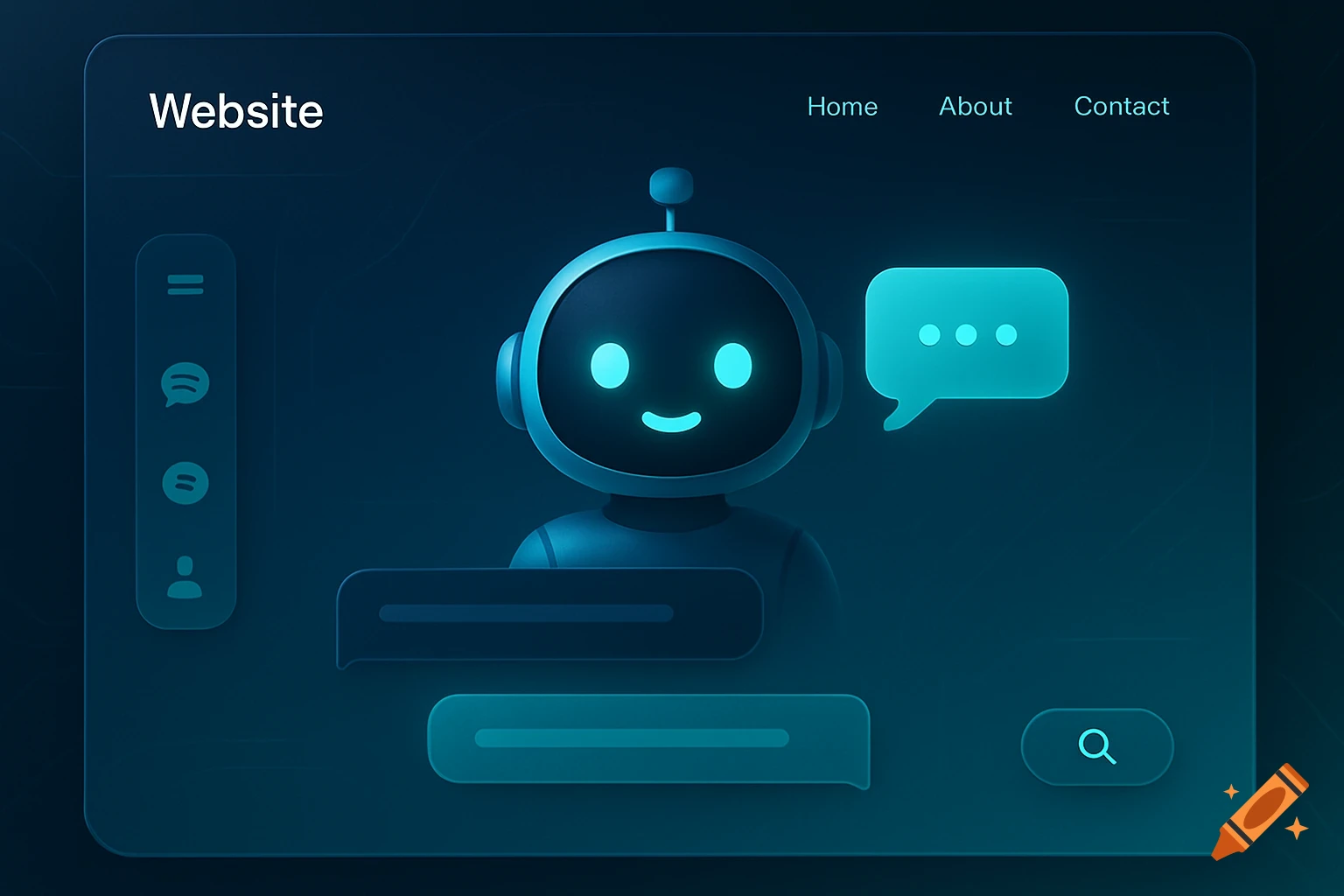A dark blue minimalist website interface with a glowing blue chatbot, message bubbles, and navigation links Home, About, Contact.