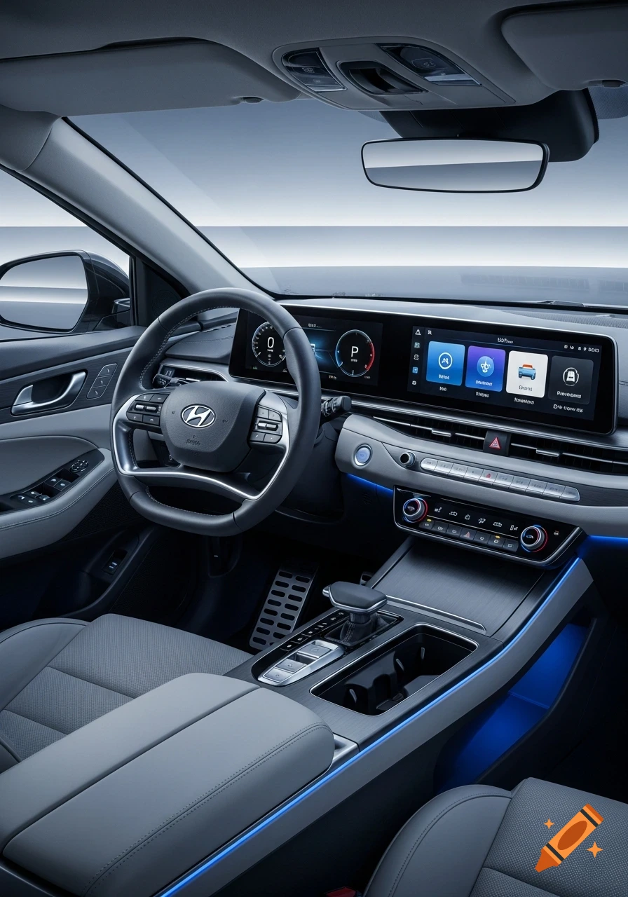 Close-up interior view of a modern 2026 Hyundai Aurora car, featuring a digital touchscreen display, a steering wheel with the Hyundai logo, and blue ambient lighting.