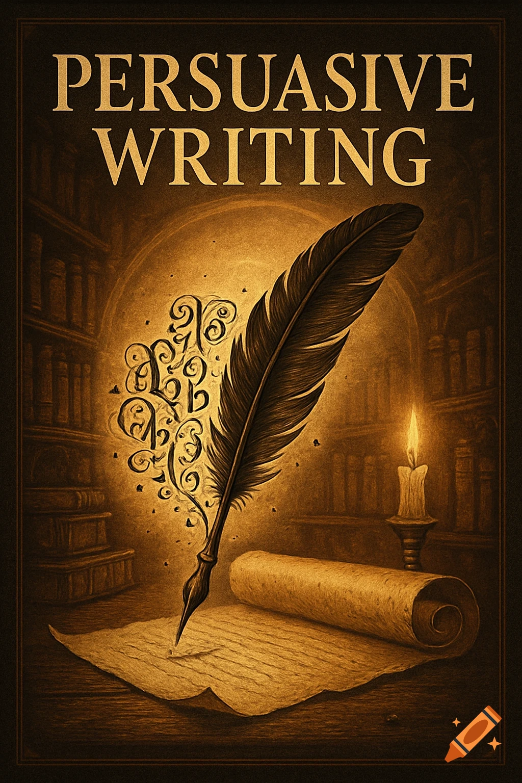 A vintage book cover titled 'Persuasive Writing' depicts a quill, parchment, a rolled scroll, and a lit candle in a dark, scholarly setting.