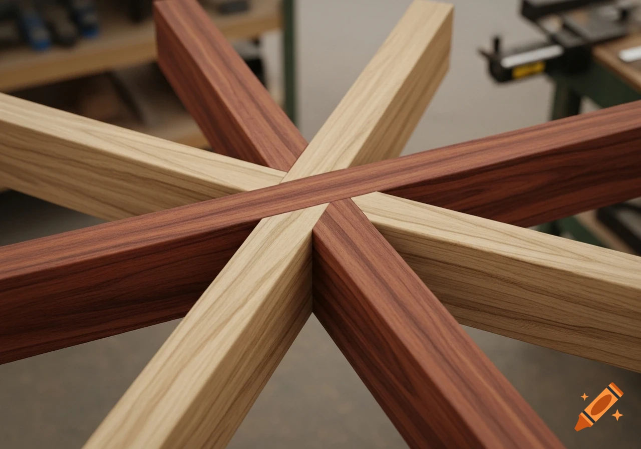 Close-up of a perfectly executed cross-lap joint connecting light and dark wooden beams.