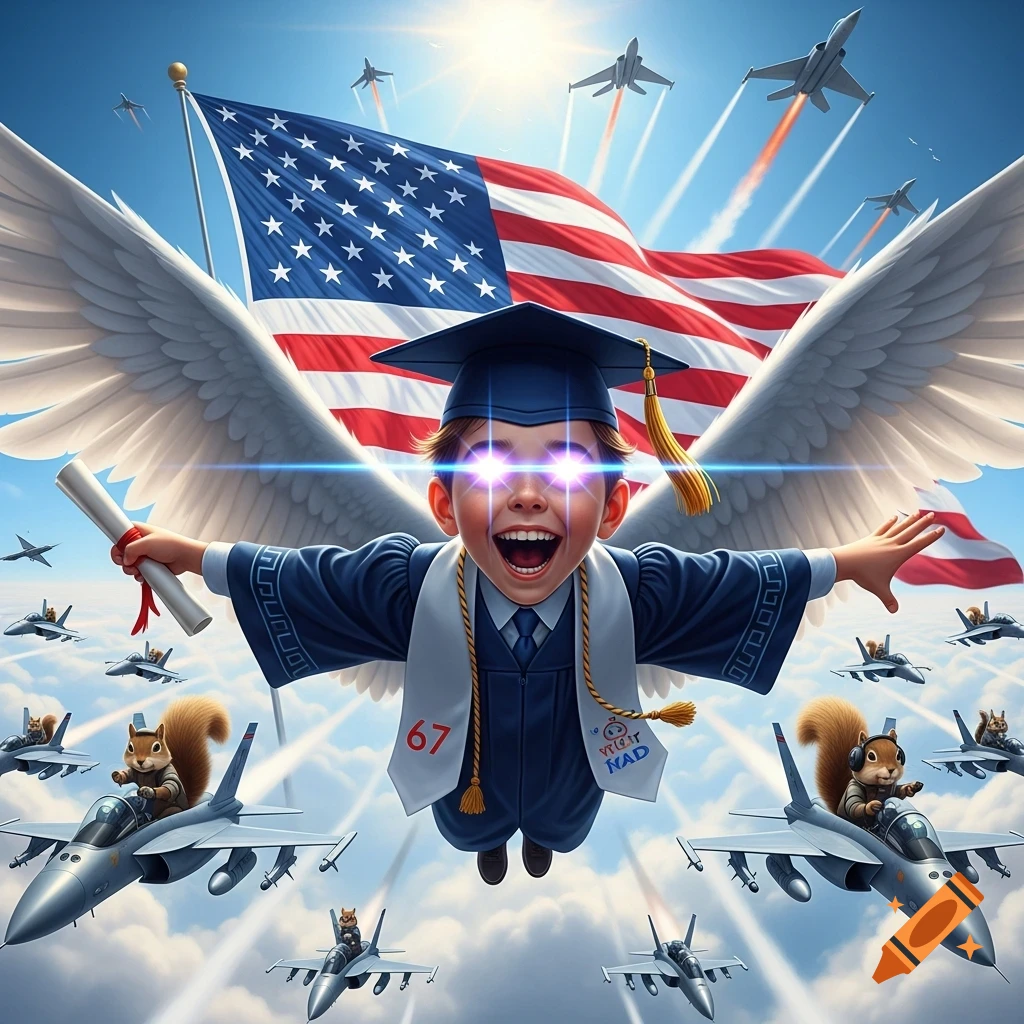 A flying boy in a graduation cap and gown with glowing laser eyes and wings, an American flag and fighter jets piloted by squirrels in the background.